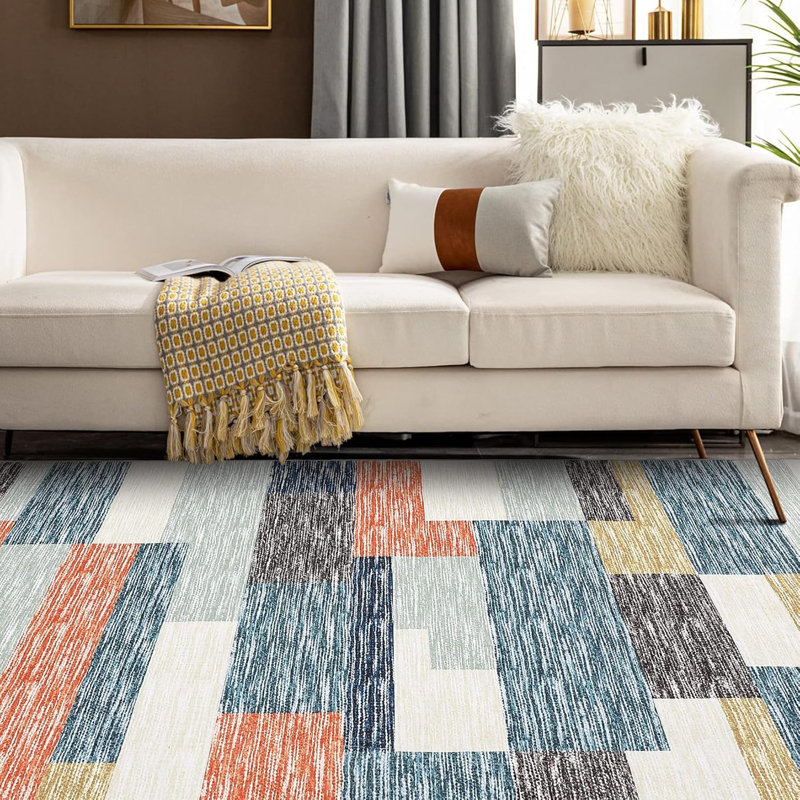 Modern Rug, Geometric Patchwork, Non-Slip, Washable, Low Pile, Hallway, Foldable, Contemporary Carpet, Laundry, Gray, Camel.