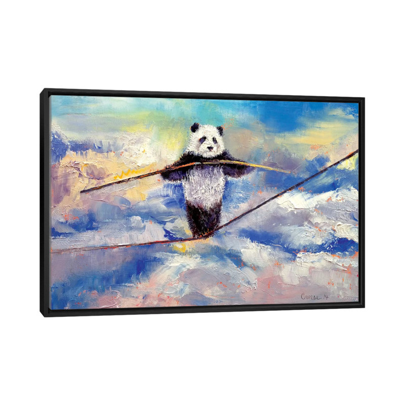 «Panda Tightrope», peinture sur toile tendue, H 18 po x l 26 po x P 1,5 po, Toile avec cadre noir, Pas de tapis