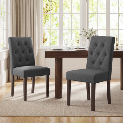 Parsons Tufted Dining Chairs, Diamond Button High Back Fabric Cushion, Solid Rubberwood Legs