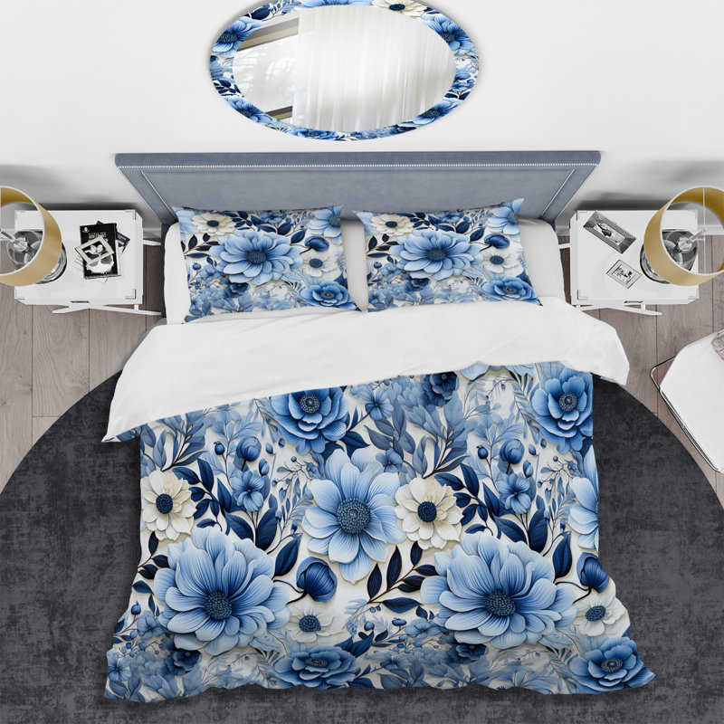 Ensemble de housse de couette bleu aquarelle excentrique à motif floral II, Housse de couette simple + 1 taie décorative stan