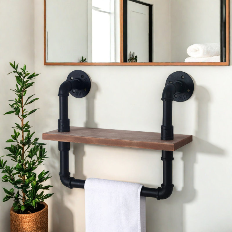 Rustic Farmhouse Wall-Mounted Shelf With Towel Bar For Bathroom Organization And Industrial Style Decor