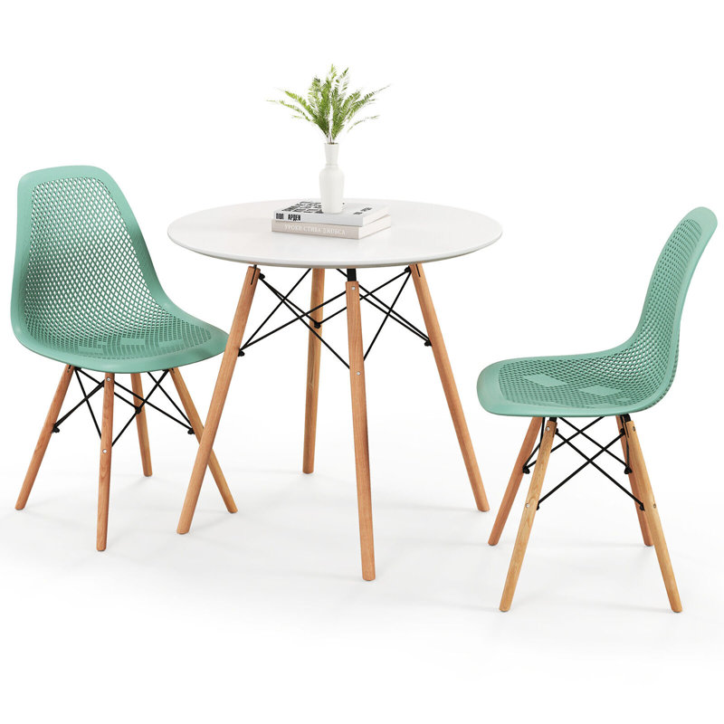 Gymax 3 Pcs Dining Table Set For 2 Persons Modern Round Table & 2 Chairs W/ Wood Leg, Green
