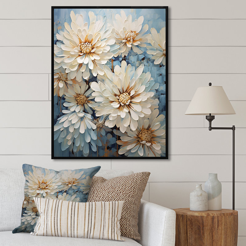 «Chrysanthemums White Blue Mosaic Garden V», reproduction sur toile, Cadre flottant noir, 32" H x 24" W