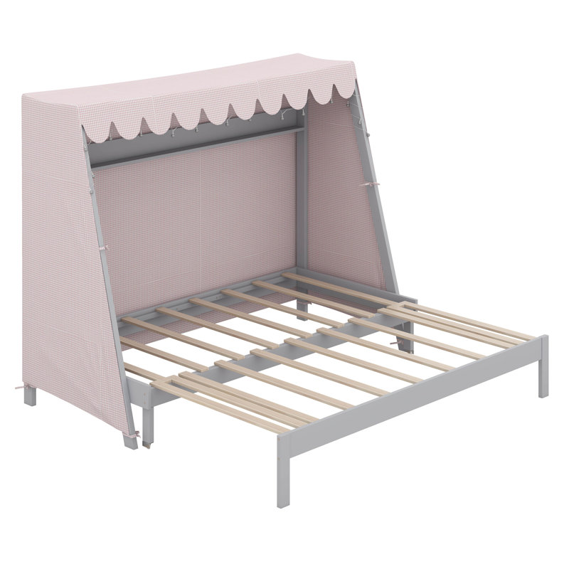 Lit House avec lit gigogne escamotable, auvent en tissu écossais rose, tablette de rangement et veilleuse, Gray