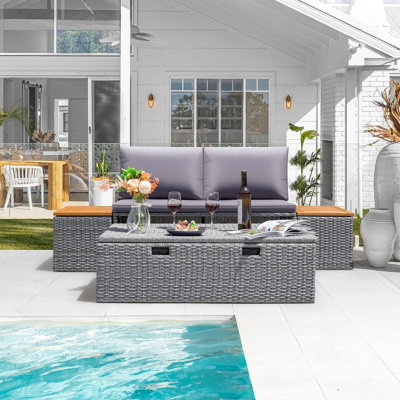 Pe Wicker Outdoor Patio Daybed With Storage And Acacia Wood Table