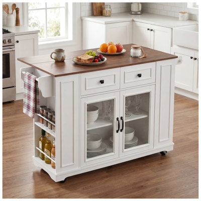 54-Inch Mobile Kitchen Island with Stainless Steel Top, Power Outlet, and Glass Door Storage in White and Walnut