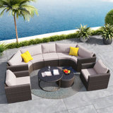 9-piece Outdoor Half-moon Wicker Conversation Sets With 1 Nesting Coffee Table And Tempered Glass Top