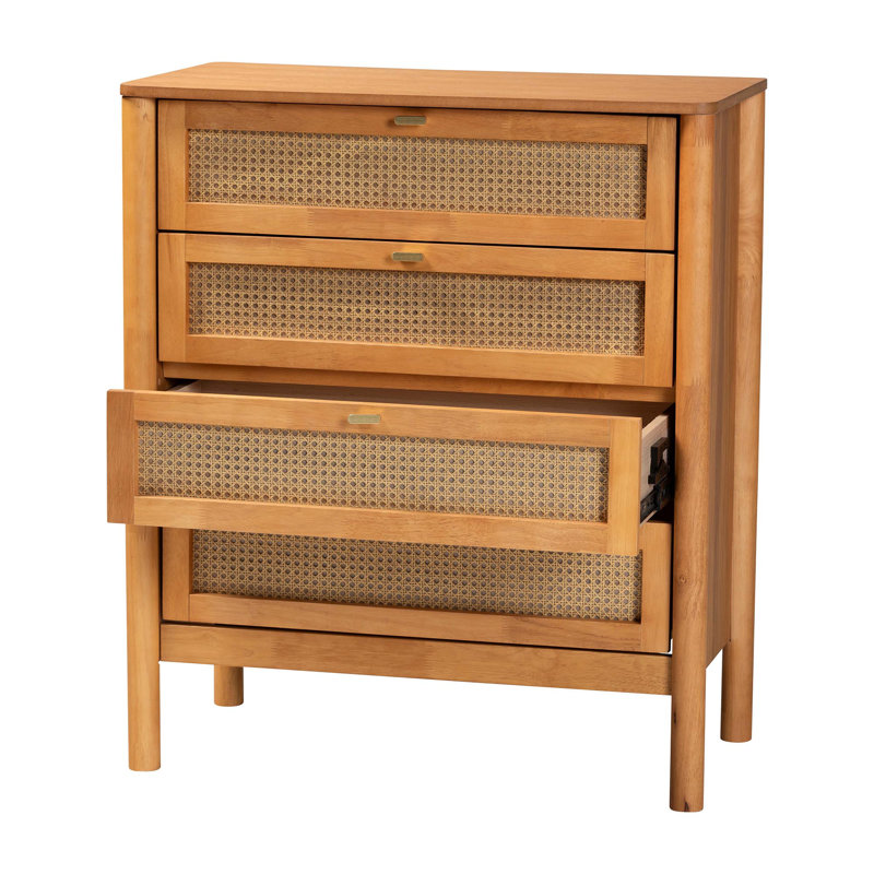 Betzayda Baxton Studio Jenn Golden Brown Wood Japandi 4-Drawer Chest With Distressed-Finished Rattan