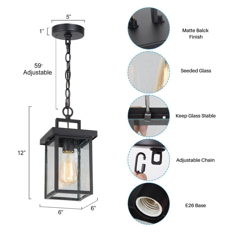Luminaire suspendu d'extérieur 1 lumière Dekotah, H 6 po x l 6 po x P 6 po