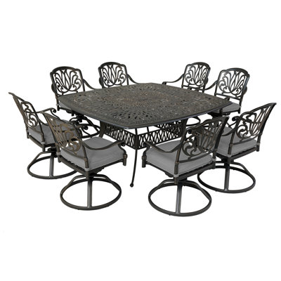 9-Piece Cast Aluminum Square Dining Set With 8 Cushioned Swivel Dining Chairs