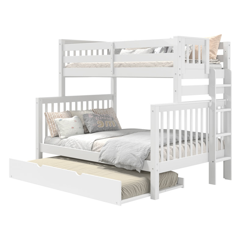 Treva Solid Wood Standard Bunk Beds Twin over Full, 4 Step Ladder, Twin Trundle, White, White