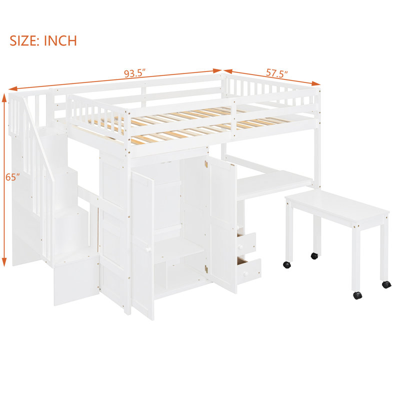 Lit mezzanine blanc avec escalier fonctionnel, bibliothèque, tiroirs, bureau et garde-robe - espace multifonctionnel pour les meubles de chambre à coucher pour et pour adolescents