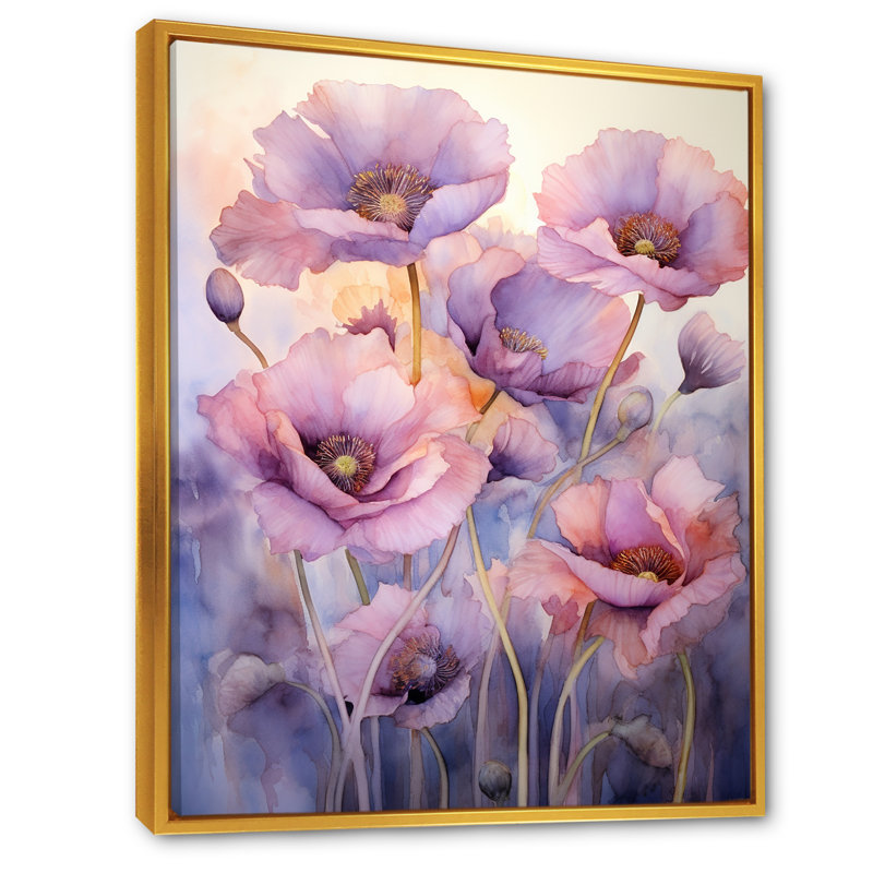 Voile violet - Délicat coquelicots Moment II, Cadre flottant doré, H 40 po x l 30 po x P 1,5 po