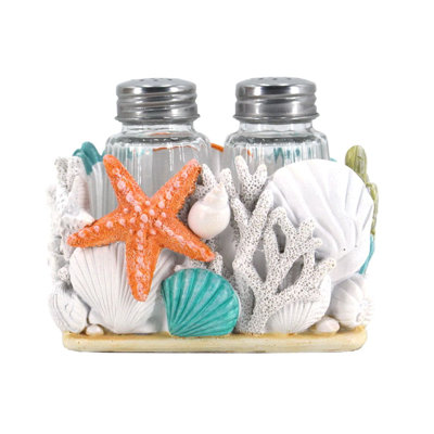 Seaside Splendor Ocean Beach Vibes Seashells and Starfish Salt and Pepper Shaker Holder Set