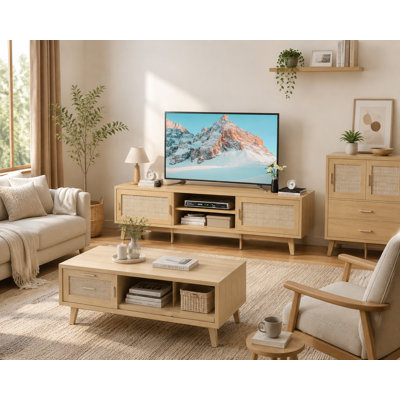 Rattan TV Stand for 65 inch TVs, MCM Boho Media Console with Woven Doors and Open Shelves, Mid-Century Modern Entertainment Center for Living Room