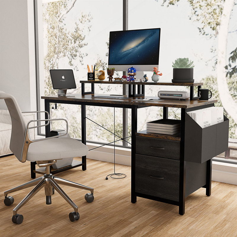 47"Office Desk With Power Outlet,2 Monitor Stands,2 Drawers,Side Pocket,Easy To Assemble,Frame Stability Reversible,Use For Home Desk, Computer Desk, Game Table