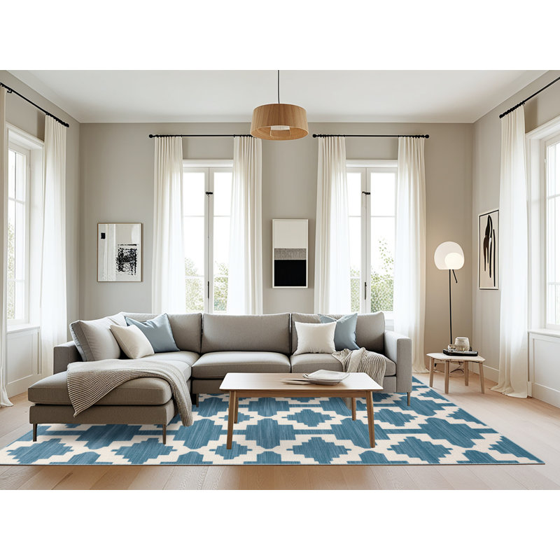 Machine Washable Trellis Blue Area Rug, Rectangle 8' x 12'
