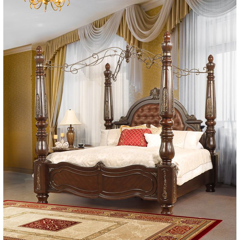 Palazzo Marina Walnut Queen Canopy Bed with Tufted Faux Leather Headboard