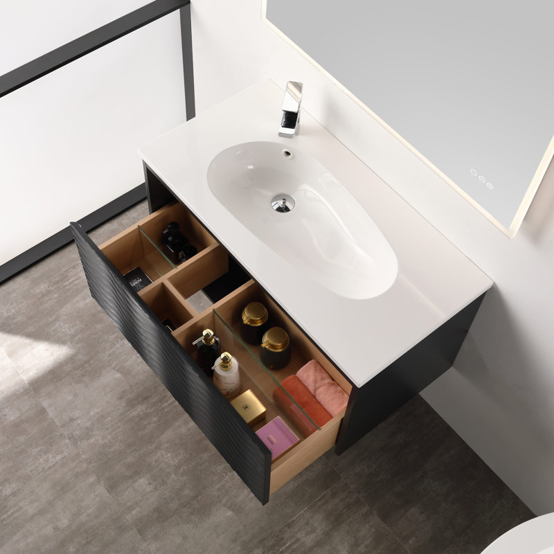 Meuble-lavabo flottant 36 po avec lavabo - armoire murale en bois avec lumières DEL, panneau ondulé 3D, tiroir à fermeture en douceur et lavabo en acrylique 36 po