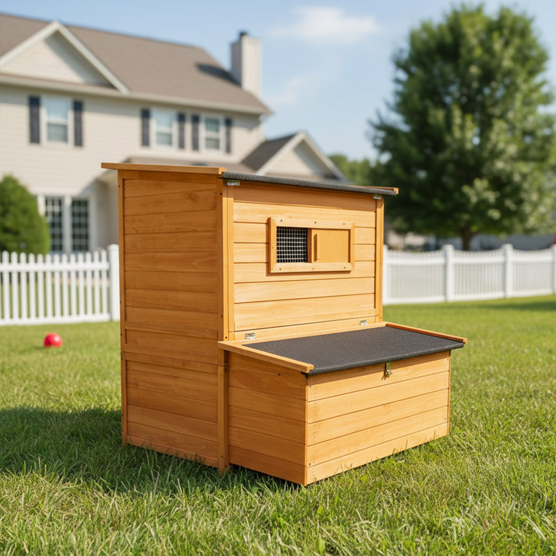 Poulailler en bois avec 3 boîtes gigognes et 2 plateaux coulissants, avec rampe pliable et toit en asphalte rabattable