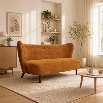 57.87" Nordic Style Loveseat, Chenille Fabric Sofa Chair with Curved Backrest, No Armrests, Button Detail, Caramel, for Living Room, Study & Leisure Room