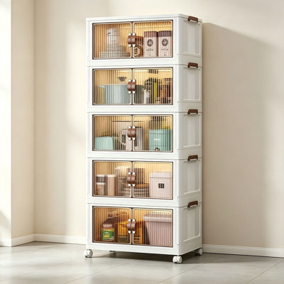 Foldable 5-Tier Plastic Storage Cabinet with Translucent Doors & Rolling Casters, No Assembly Stackable Storage Organizer for Bedroom Living Room Entryway Dorm