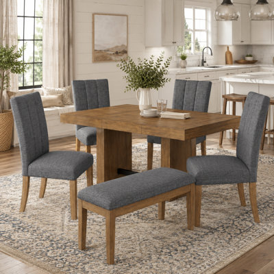 Extendable Solid Wood Dining Set, Table + 4 Chairs + Bench, Rubberwood Frame, Farmhouse Style, Seats 6
