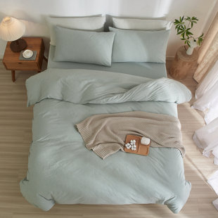 LIFETOWN Striped Duvet Cover Set,3 Pcs Breathable Durable 100% Washed Cotton Comforter Cover for All Seasons, Chic Linen Like Textured Bedding Set.