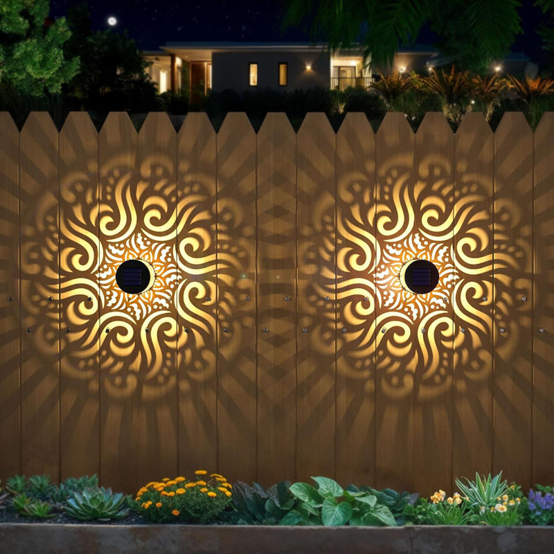 Lot de 2 lampes solaires d'extérieur en métal pour clôture et terrasse, motif mandala