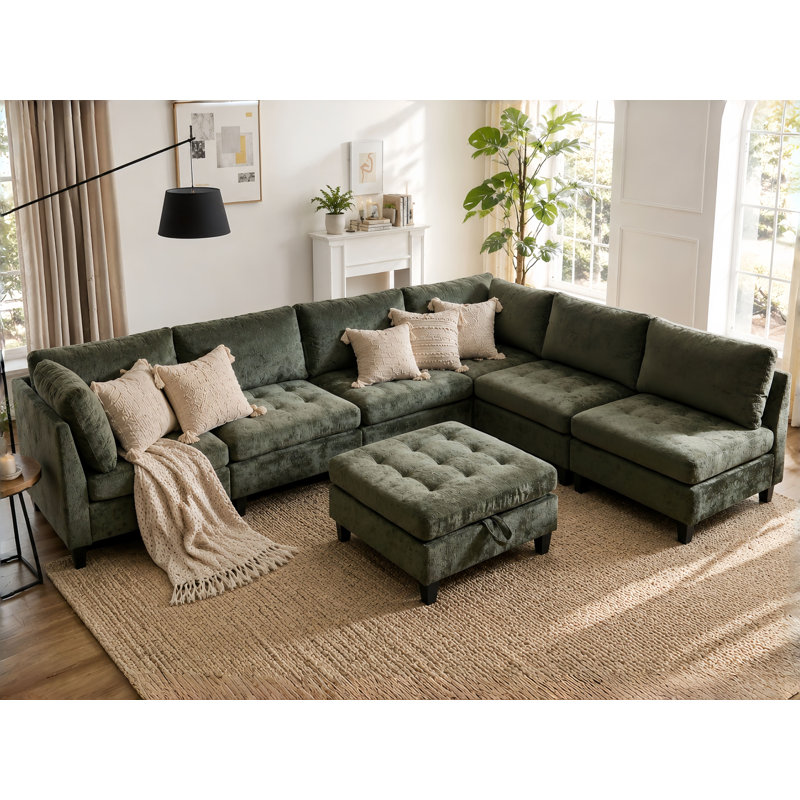 Canapé modulaire en chenille 7 pièces à assise profonde avec repose-pieds de rangement et canapé convertible 7 pièces
