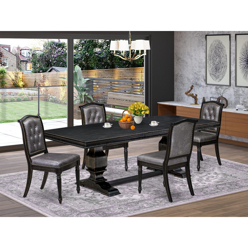 L'ensemble de table de cuisine 5 pièces se compose d'une table de salle à manger et de 4 chaises modernes en similicuir gris foncé avec dossier capitonné - Finition sable