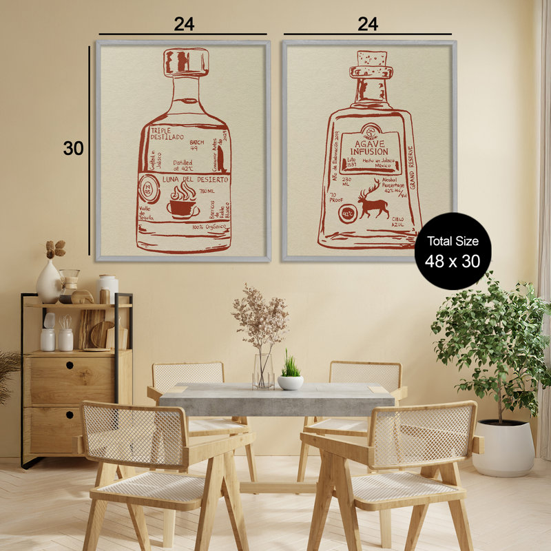 Ensemble de 2 giclées encadrées "Liquor Bottle Essence", design par Melissa Wang, H 30 po x l 48 po