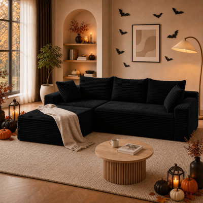 Canapé d'angle modulaire sans os de 239 cm de large, recouvert de velours côtelé noir, avec 5 coussins, convertible en lit 2 pièces, aucun assemblage requis