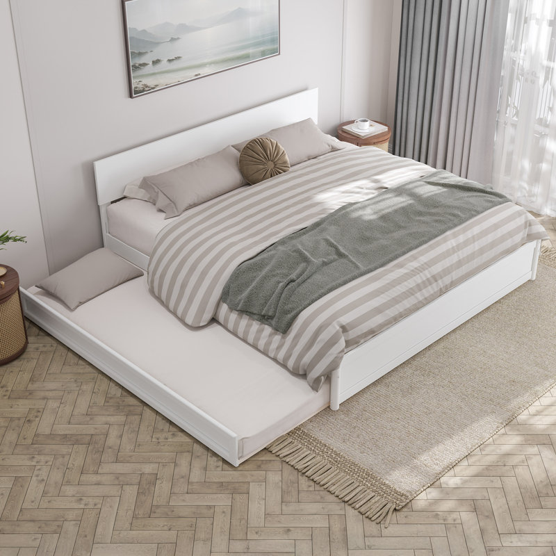Lamecia Solid Wood Platform Bed with Trundle, King, White