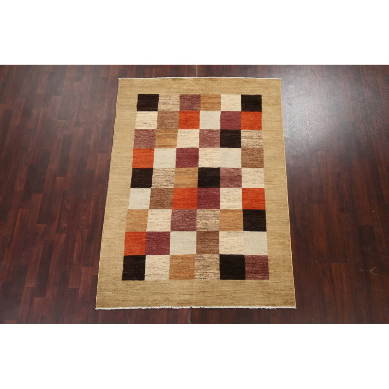 Tapis oriental unique à carreaux Gabbeh Kashkoli noué à la main 5 pi x 7 pi