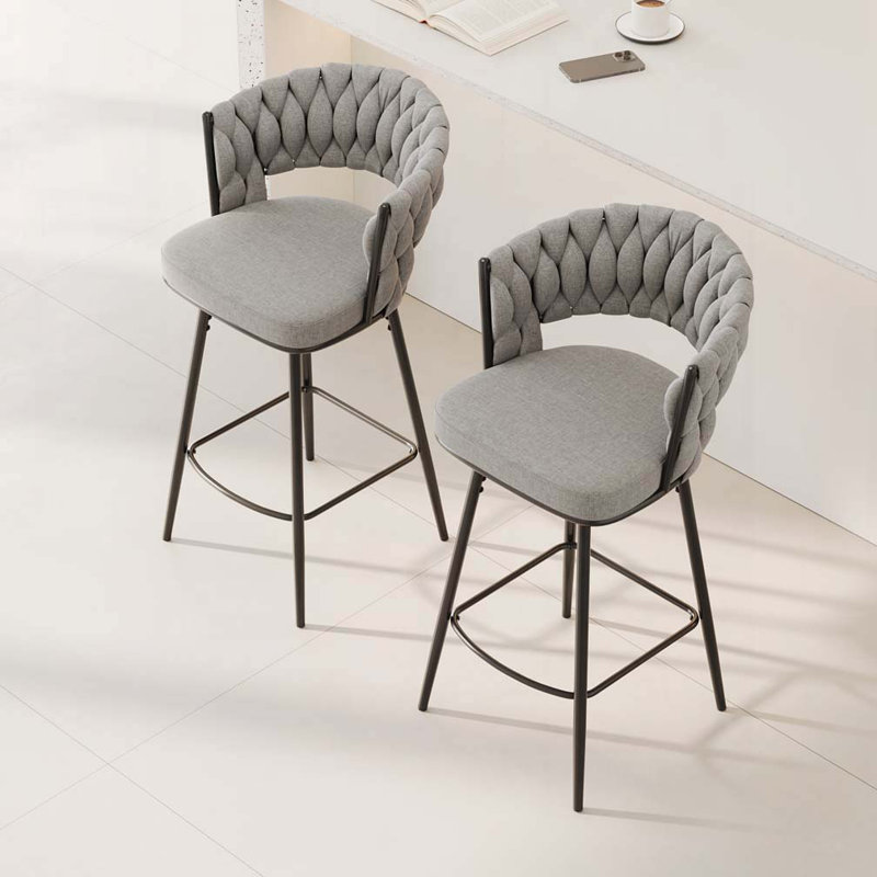 Swivel Linen Upholstered Metal Bar Stools Set with  soft cushioned Back, Gray