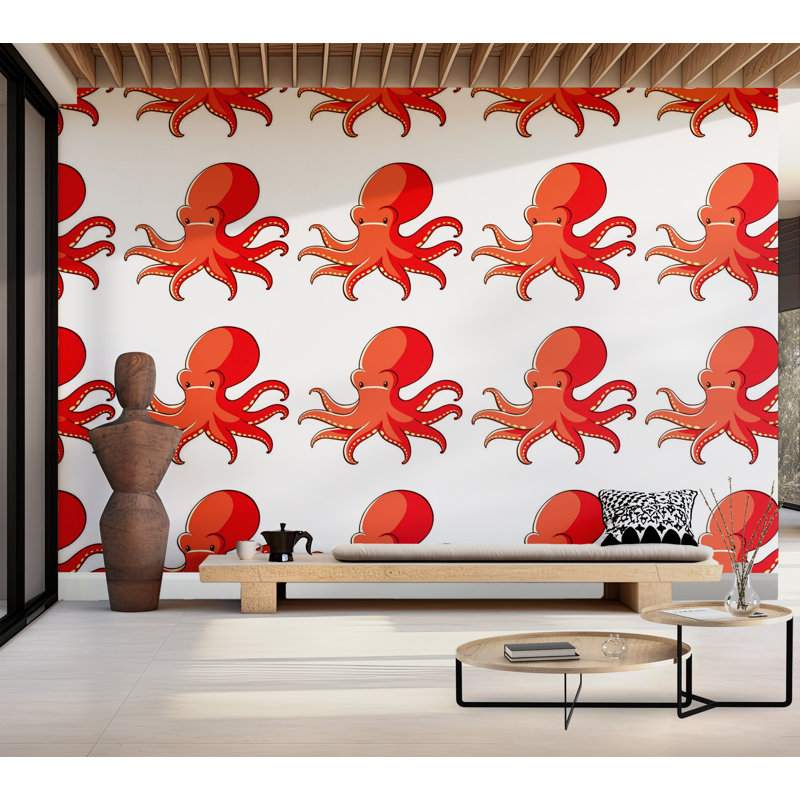 Papier peint de qualité supérieure - Motif de pieuvre rouge, L 144 po x l 210 po