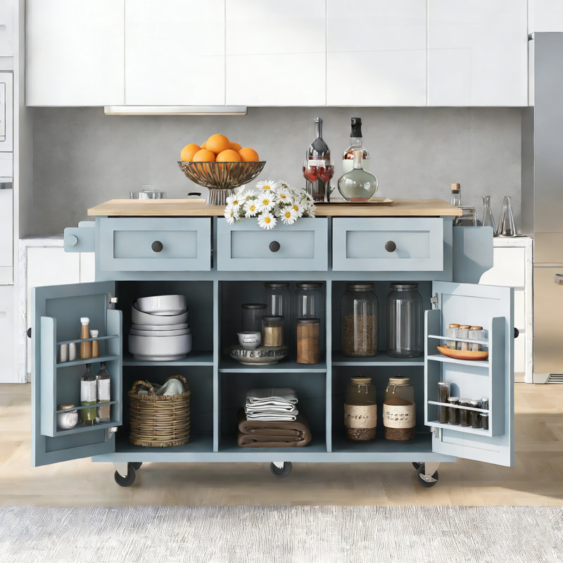 Versatile Kitchen Cart with Drop-Leaf Countertop, Adjustable Storage, and Dual Mobility Options for Modern Homes., Grey Blue