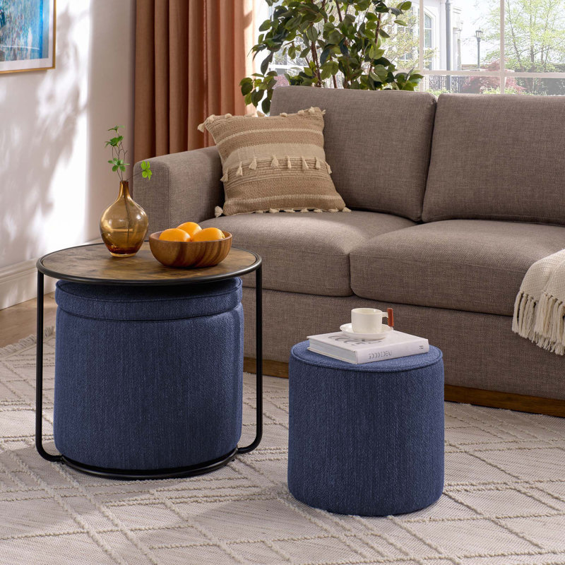 Multi-Functional Ottoman Table Set with Drum Stool and Storage Space, Dark Blue