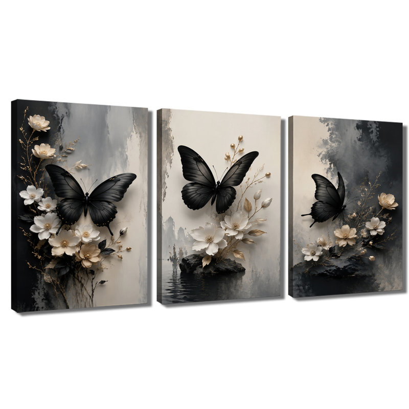 Tableau mural à 3 panneaux, motif papillon et fleurs, impression sur toile tendue pour salon, 24 * 36 pouces * 3