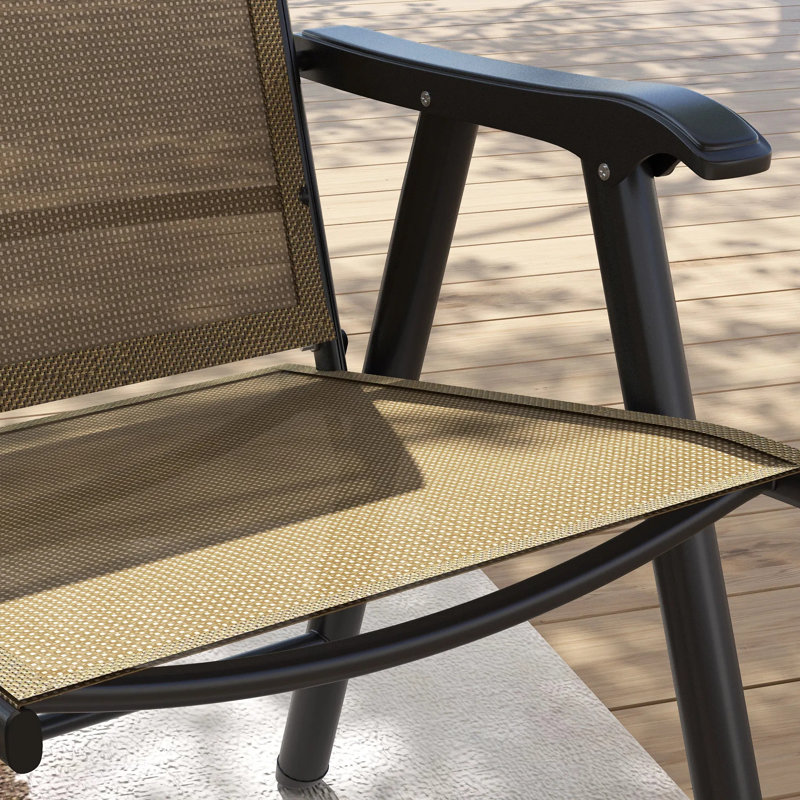 Set of 4 Outdoor Folding Patio Chairs, Stackable Sling Dining Chairs with Armrests, Metal Frame, Light Brown for Garden, Yard, Deck