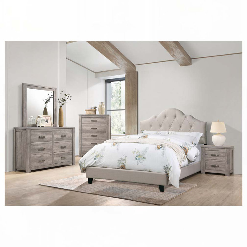 Lit tapissier contemporain en lin avec tête de lit réglable, Double, Light Brown