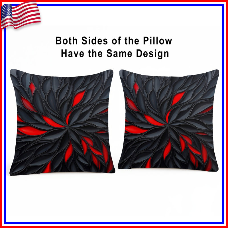 Black Red Petal Pattern Double Sided Throw Pillows, 20 x 20 inches