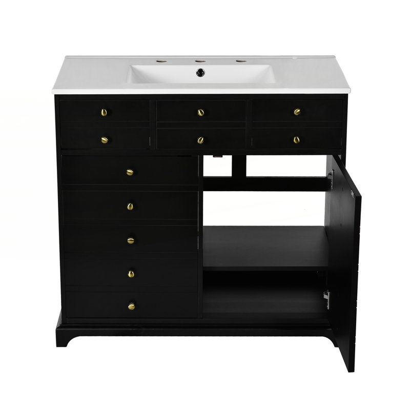 Ensemble de meuble-lavabo autoportant avec 2 tiroirs et portes à fermeture douce, Noir, noir, noir, noir