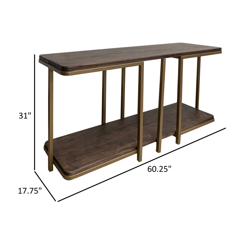Nexa Sofa Table, Bottom Shelf, 60 Inch Rectangular Top, Brown, Gold Metal