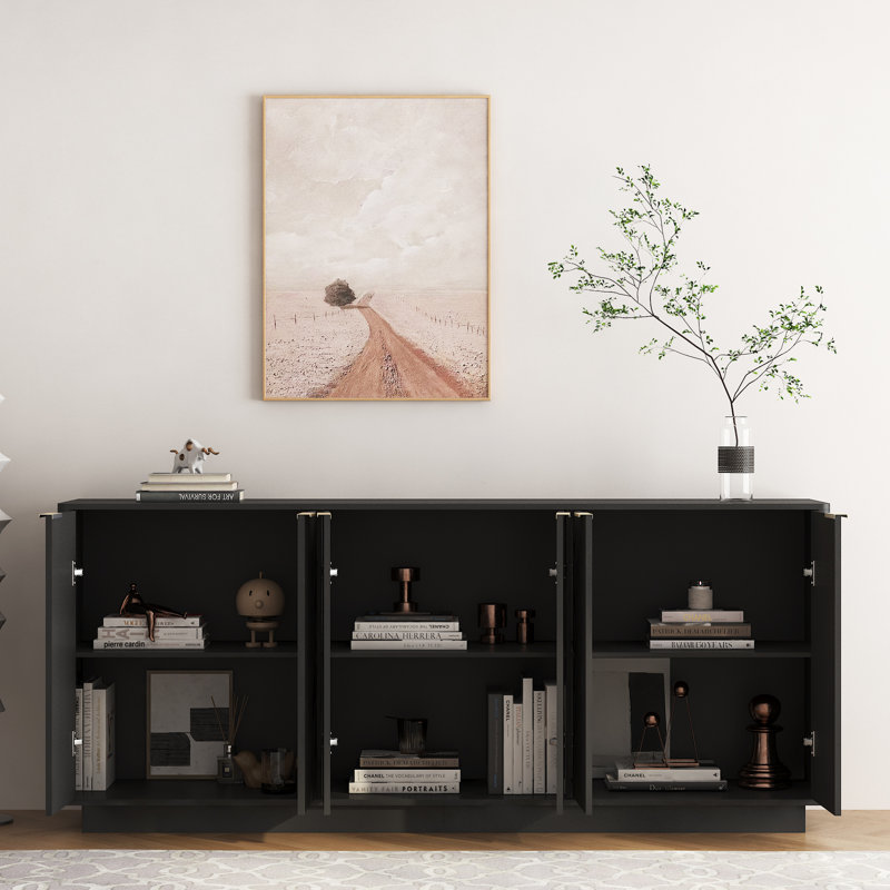 Fluted Sideboard Cabinet, Credenza With Adjustable Shelves, Black, 31.8" H x 74.8" W x 15.7" D