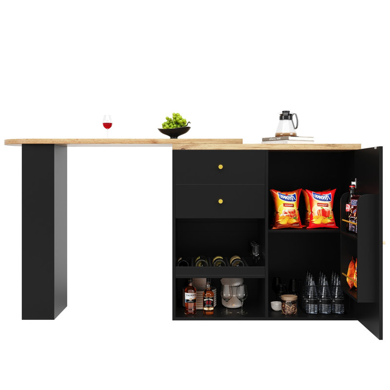 105×39×102cm 360° Swivelling Bar Table with 4 Drawers, Sliding Door Cabinet & 3-Tier Rotatable Open Shelves for Dining, Study & Living Room