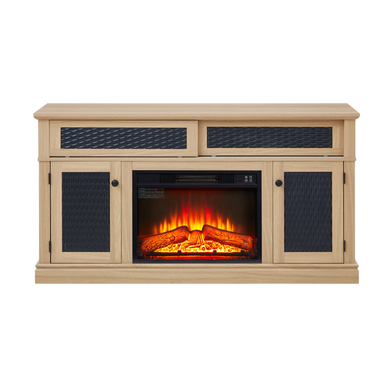 Embossed Pattern TV Stand With 23" Fireplace Insert,, TV And Media Console With Open And Closed Storage Space And Sliding Door For Living Room & Bedroom,LIGHT OAK, 58.27"W*15.35"W*31.7H