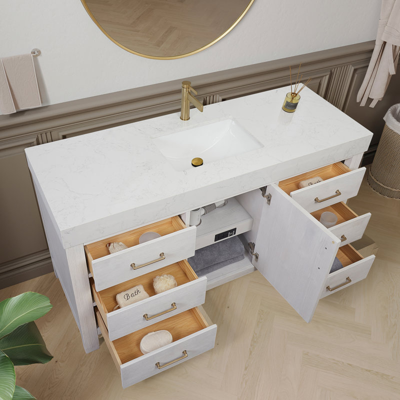 Ensemble de meuble-lavabo simple 60 po Arrington, Blanc, Doré, Blanc délavé