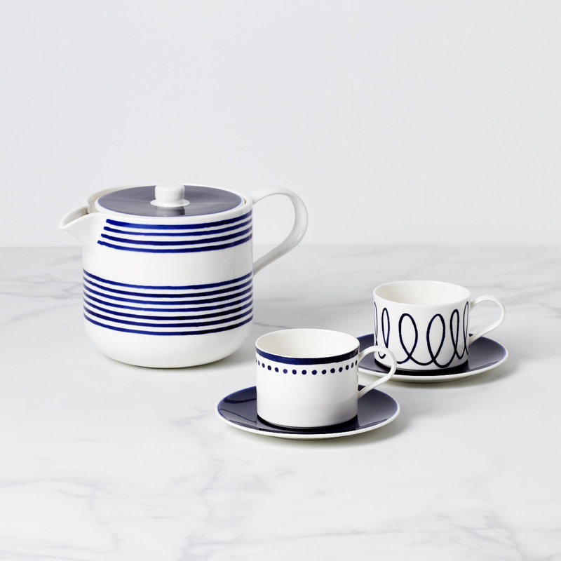 Navy and White Porcelain Tea Set with Abstract Design